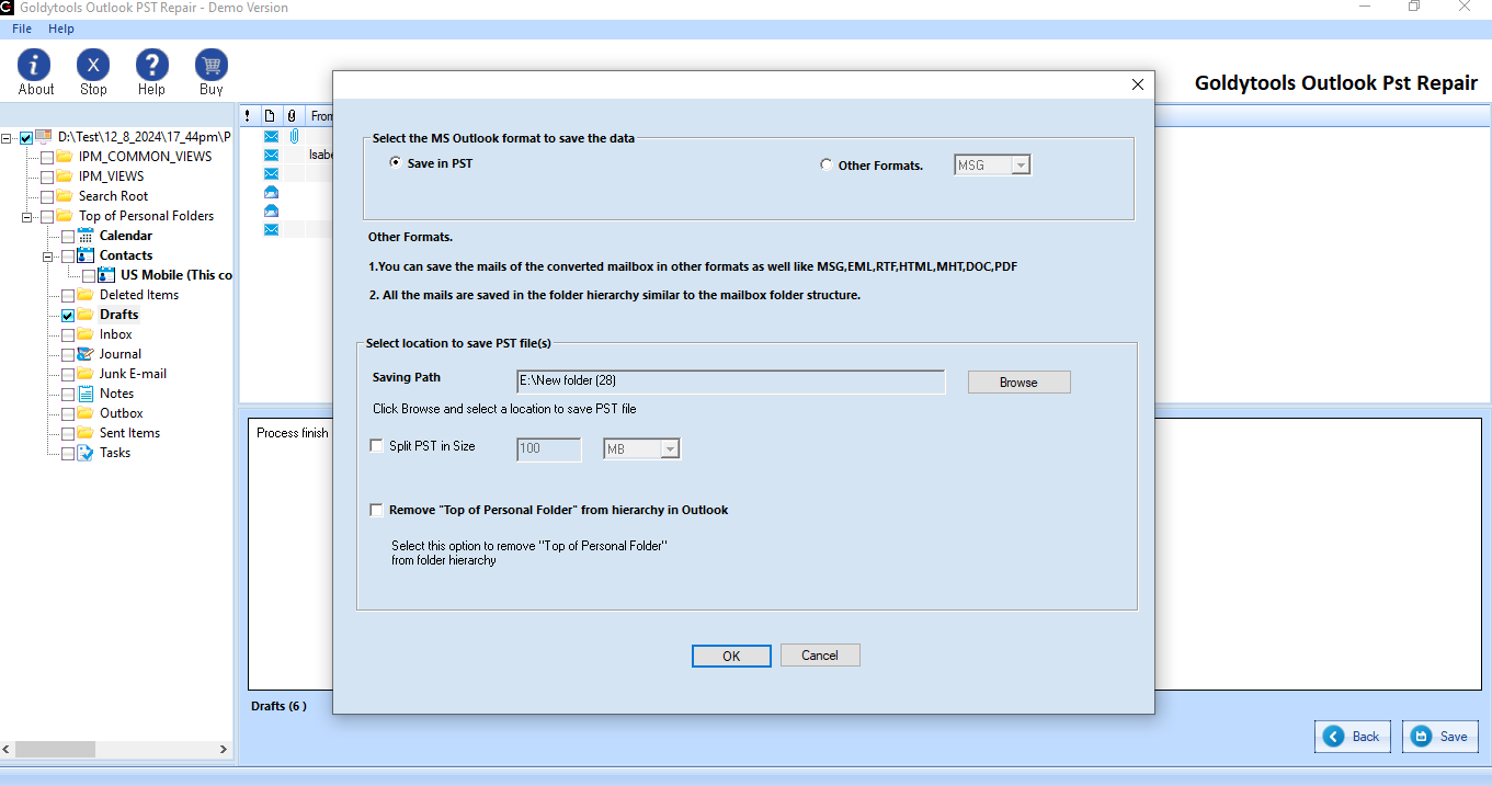 Save recovery PST file in selected File Format