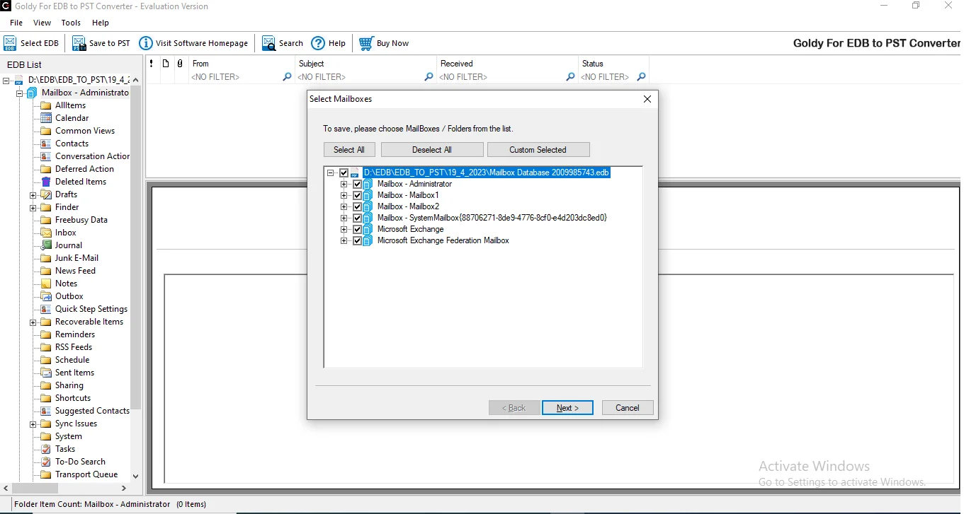 Select the offline EDB file
